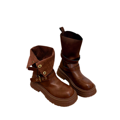 Kadın kahverengi &siyah tokalı bot